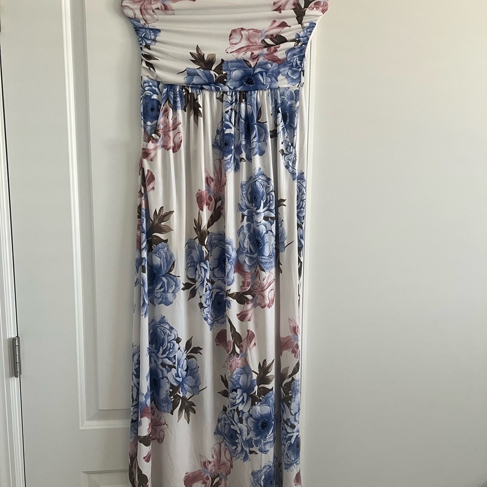 Pink and blue strapless maxi dress